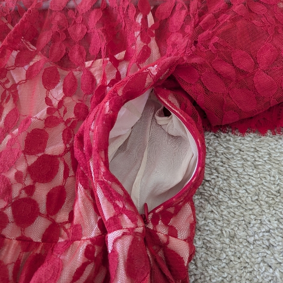 Free People Floral Embroidered Mesh Lace Mini Dress Pleated Red Women's Size 4 - Picture 13 of 13